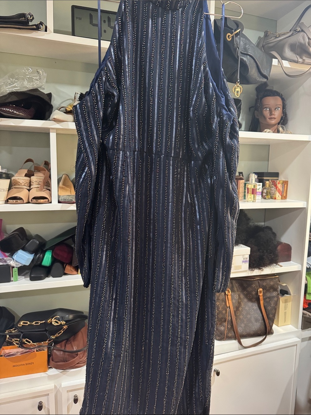 Lavish Alice Navy Striped beaded Sleeveless Maxi Dress